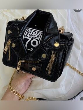 Black Moto Jacket Crossbody Bag | Gold Chain | Edgy Y2K Biker Mini Purs